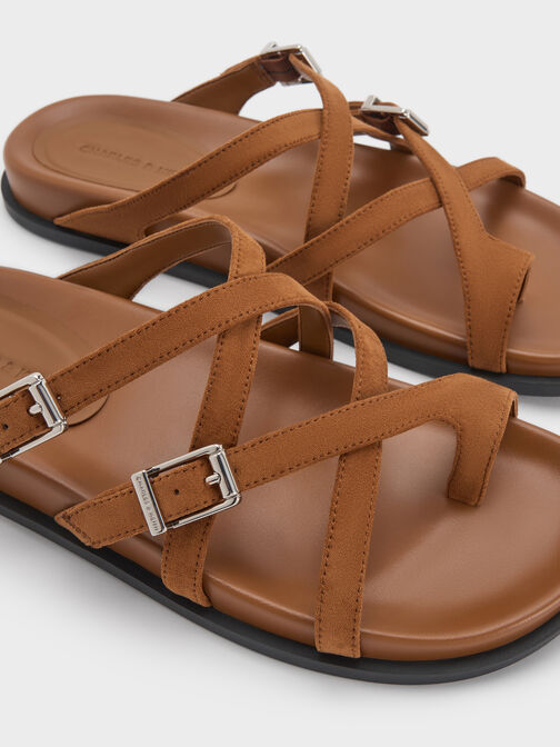 Faux Suede Crossover Toe-Ring Sandals, Cognac, hi-res