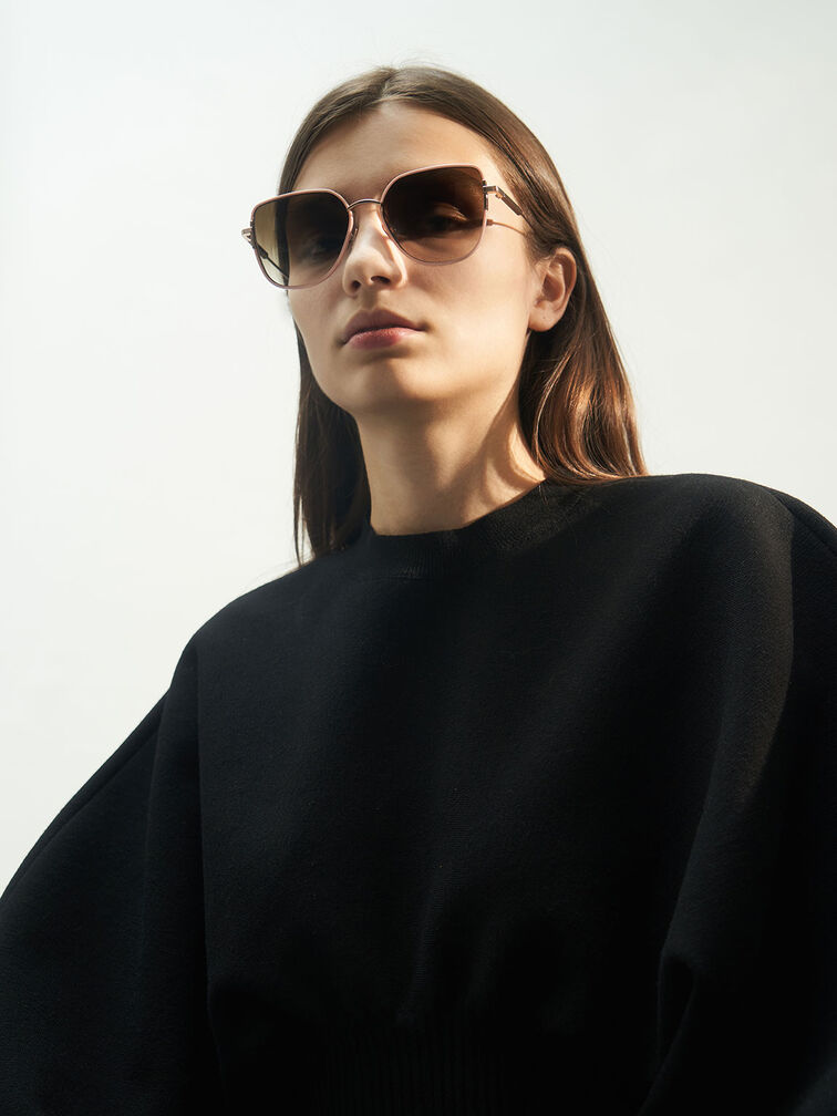 Panelled Temples Butterfly Sunglasses, Pink, hi-res