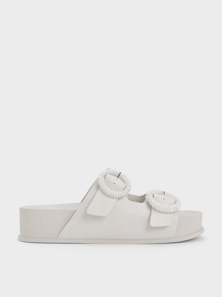 Beaded Circle Slide Sandals, White, hi-res