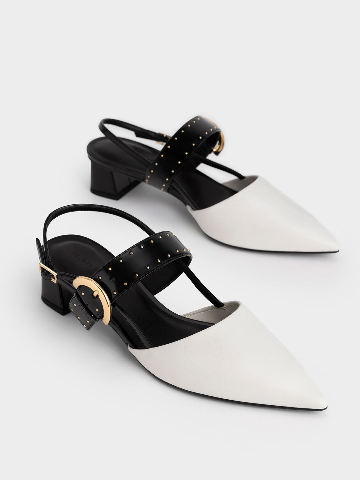 Studded Buckled Slingback Pumps, Chalk, hi-res