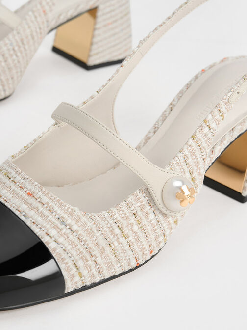 Tweed Pearl Embellished Trapeze-Heel Slingback Pumps, Cream, hi-res