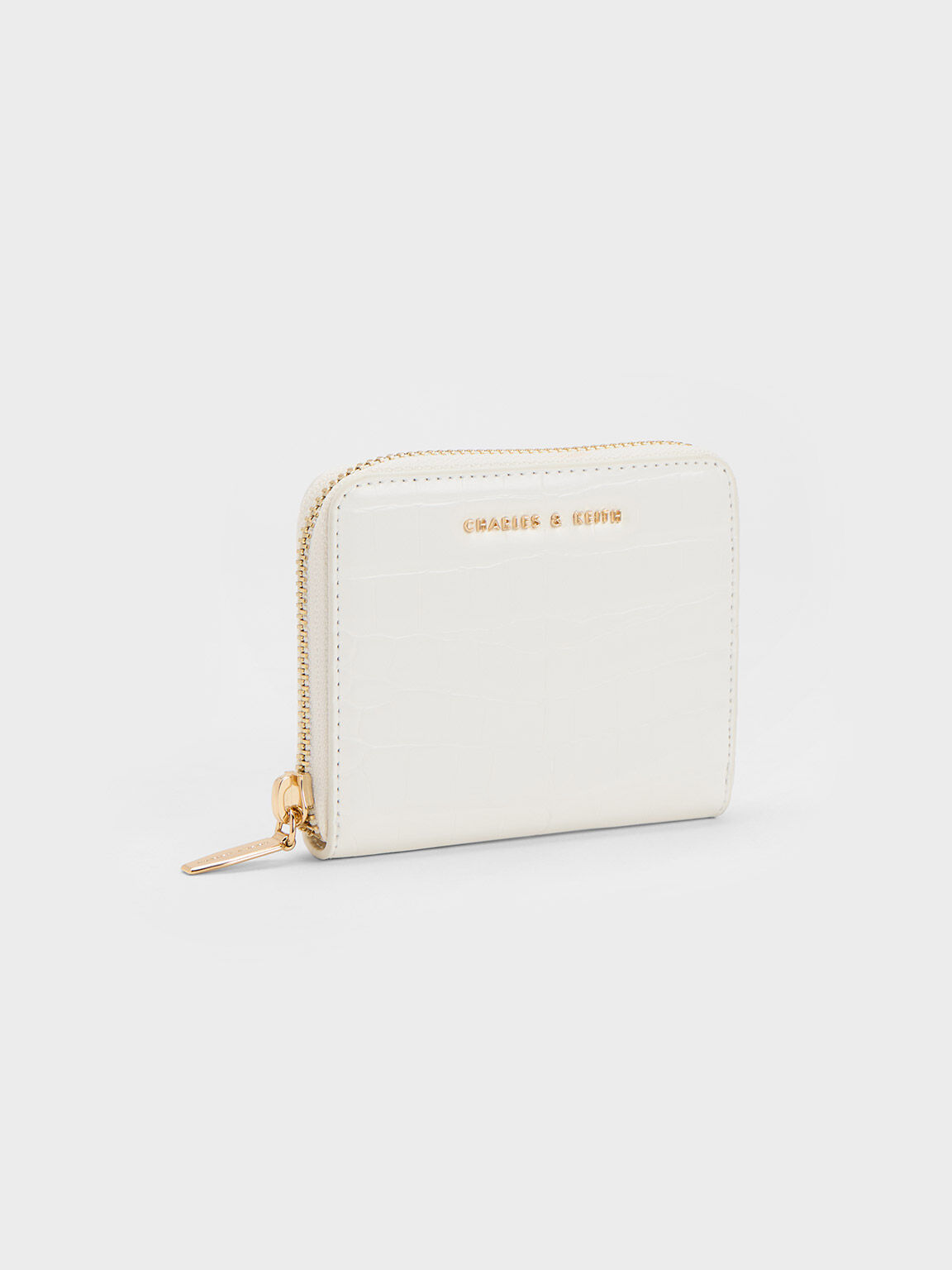 Croc-Effect Small Zip-Around Wallet, Cream, hi-res