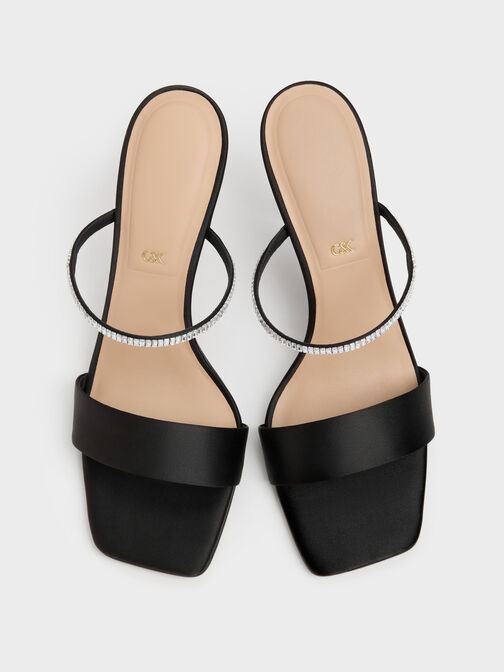 Gem Heeled Mules, Black Textured, hi-res