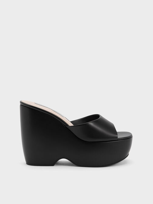 Chunky Platform Wedge Mules, Black, hi-res