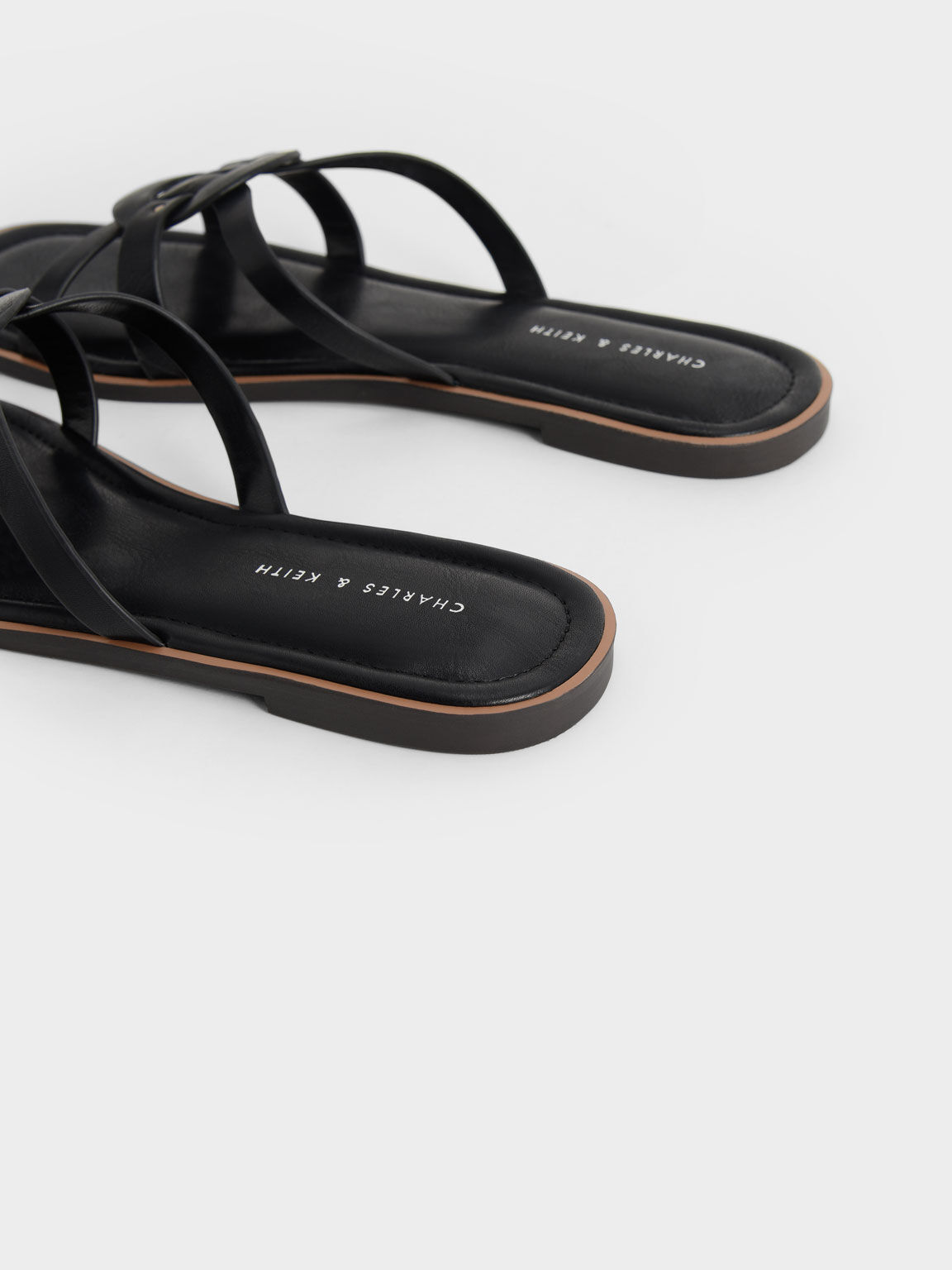 Ring Detail Strappy Flats, Black, hi-res