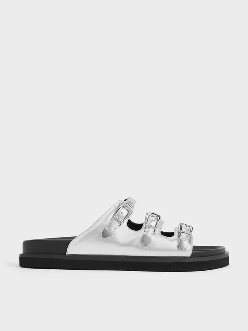 Metallic Buckled Triple-Strap Sandals, Silver, hi-res