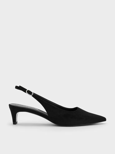 Zapatos destalonados con tacón bajo de gamuza sintética, Negro texturizado, hi-res