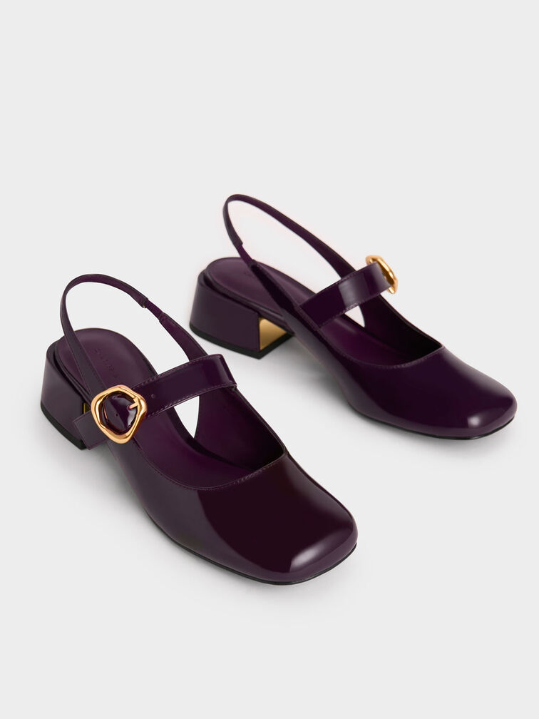 Patent Buckle Strap Slingback Pumps, Maroon, hi-res