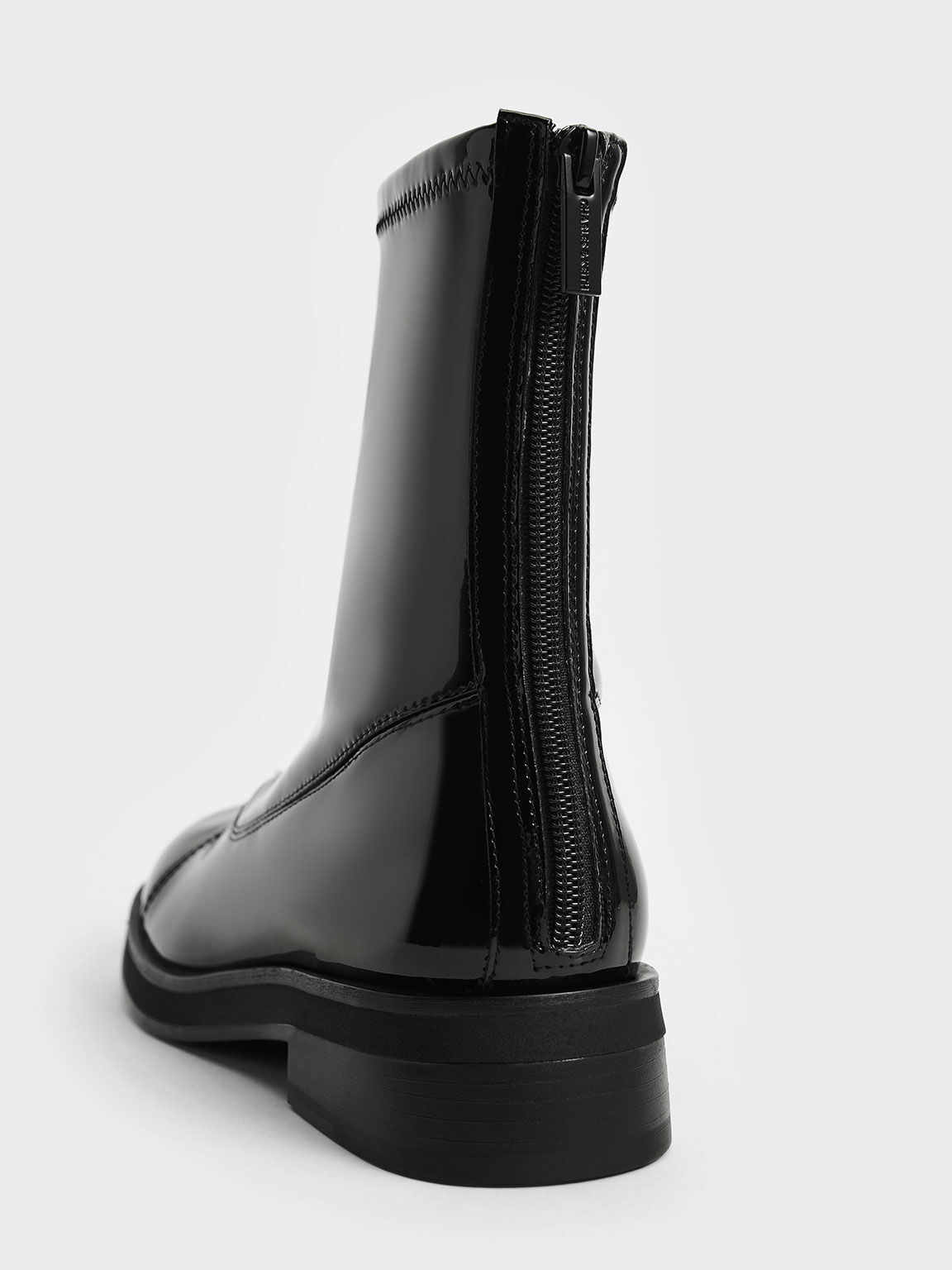 Patent Round Toe Zip-Up Ankle Boots, Black Textured, hi-res