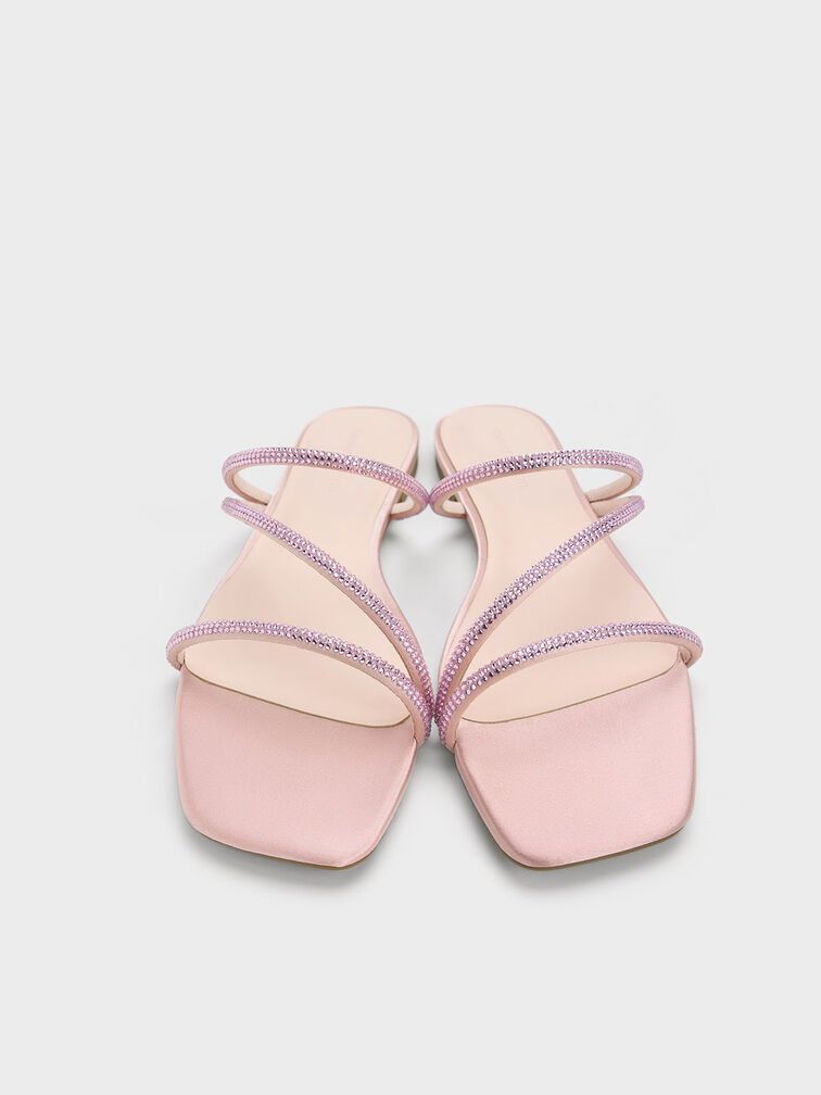 Satin Crystal-Embellished Strappy Sandals, Light Pink, hi-res