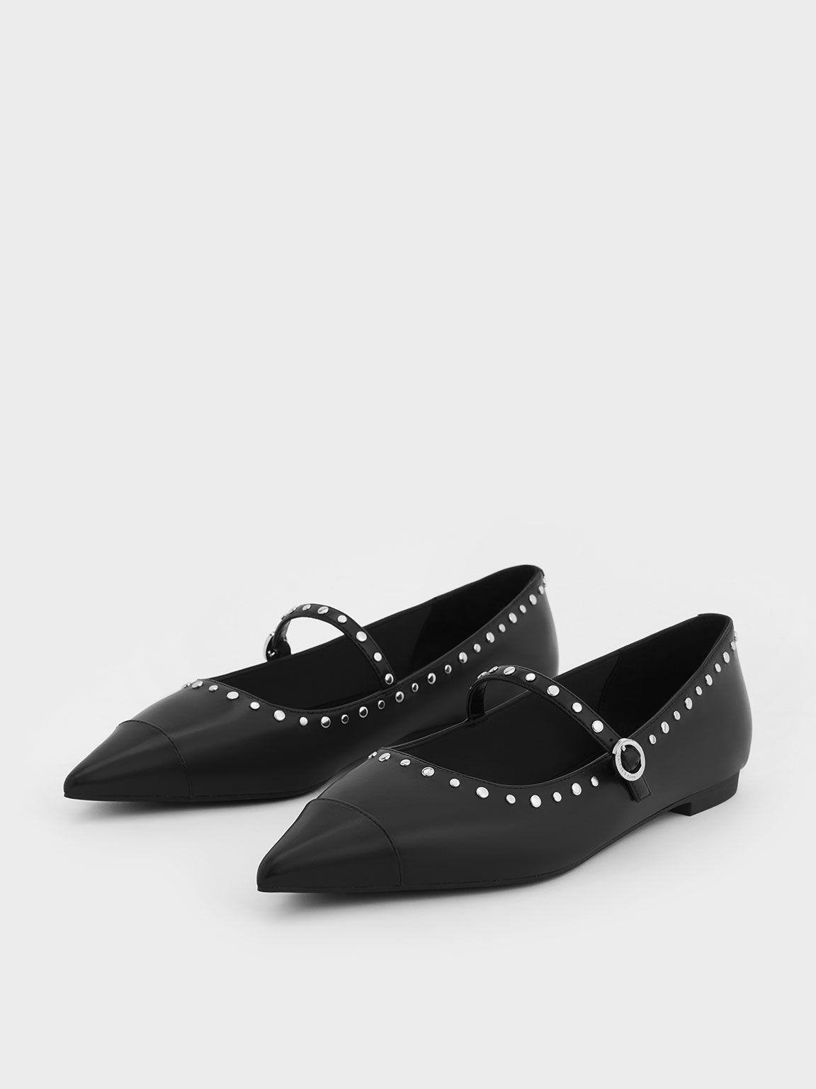 Studded Pointed Toe Mary Jane Flats Black