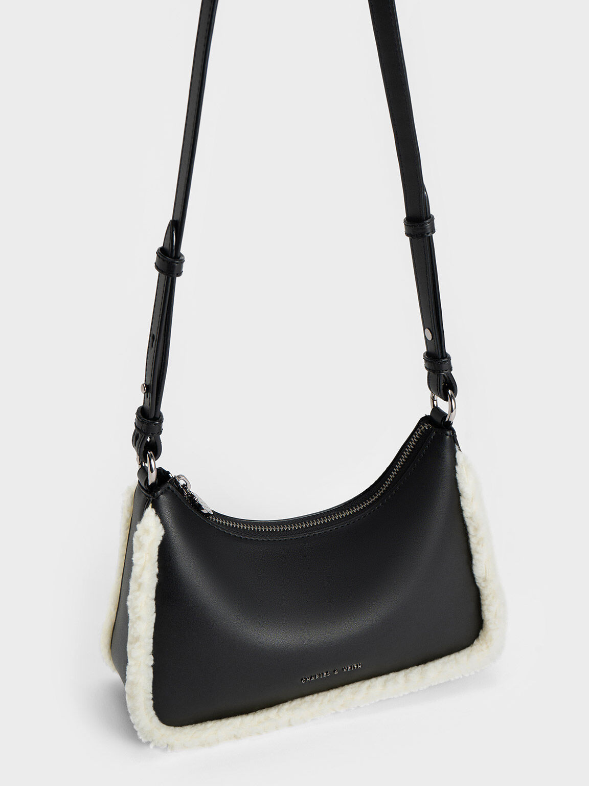 Lotso Fur-Trim Shoulder Bag, Black, hi-res