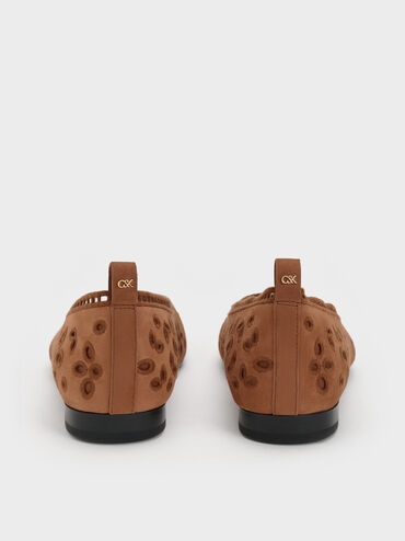 Leather Embroidered Ballet Flats, Cognac, hi-res