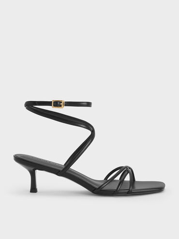 Strappy Ankle-Strap Kitten-Heel Sandals, Black, hi-res