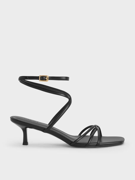 Strappy Ankle-Strap Kitten-Heel Sandals, Black, hi-res