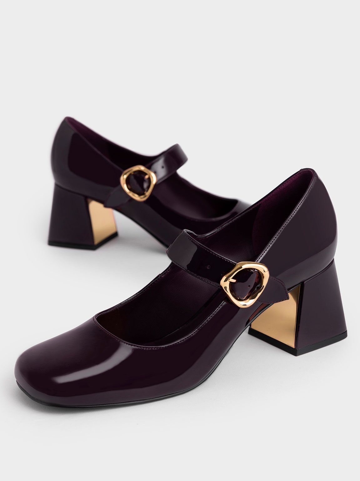 Maroon Patent Buckled Mary Jane Pumps - CHARLES & KEITH AU