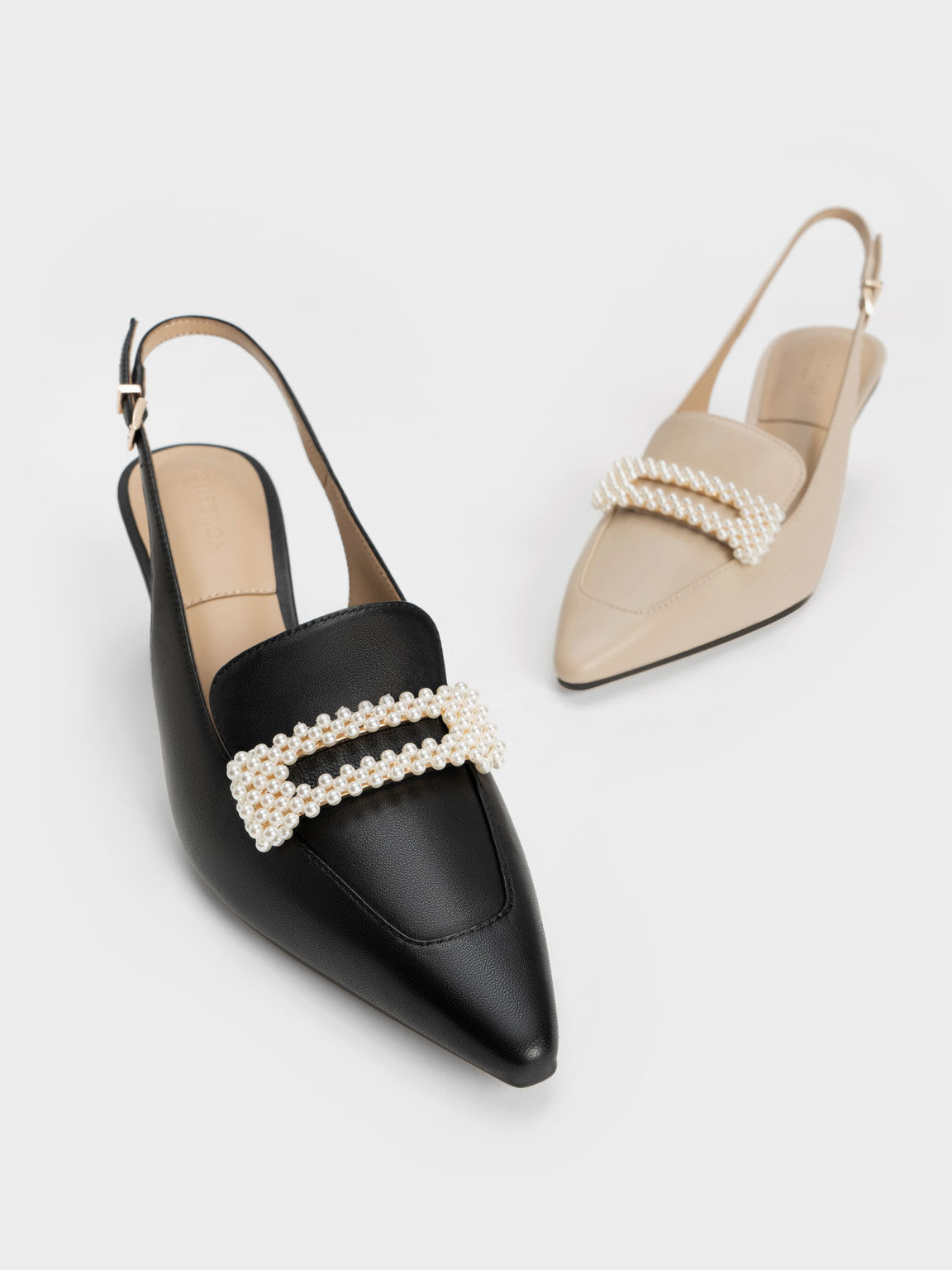 Leather Beaded Slingback Pumps, Black, hi-res