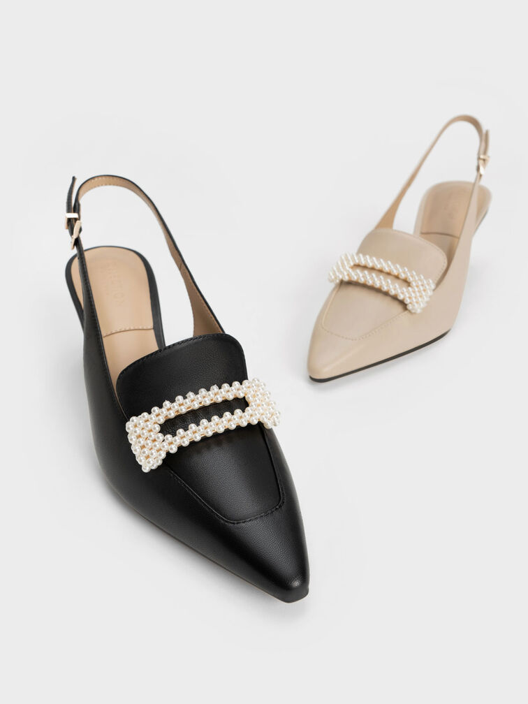 真皮珍珠釦細跟鞋, 黑色, hi-res