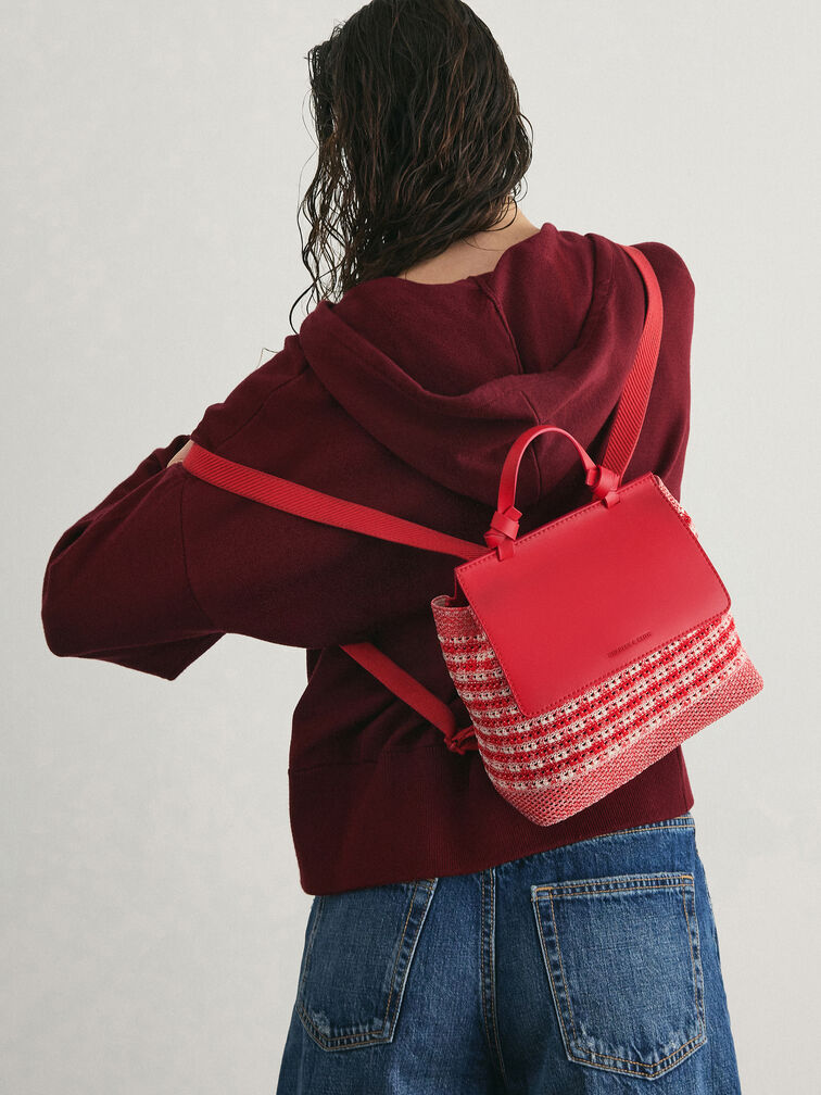 Girls' Ida Knitted Gingham Backpack, Gingham Red, hi-res
