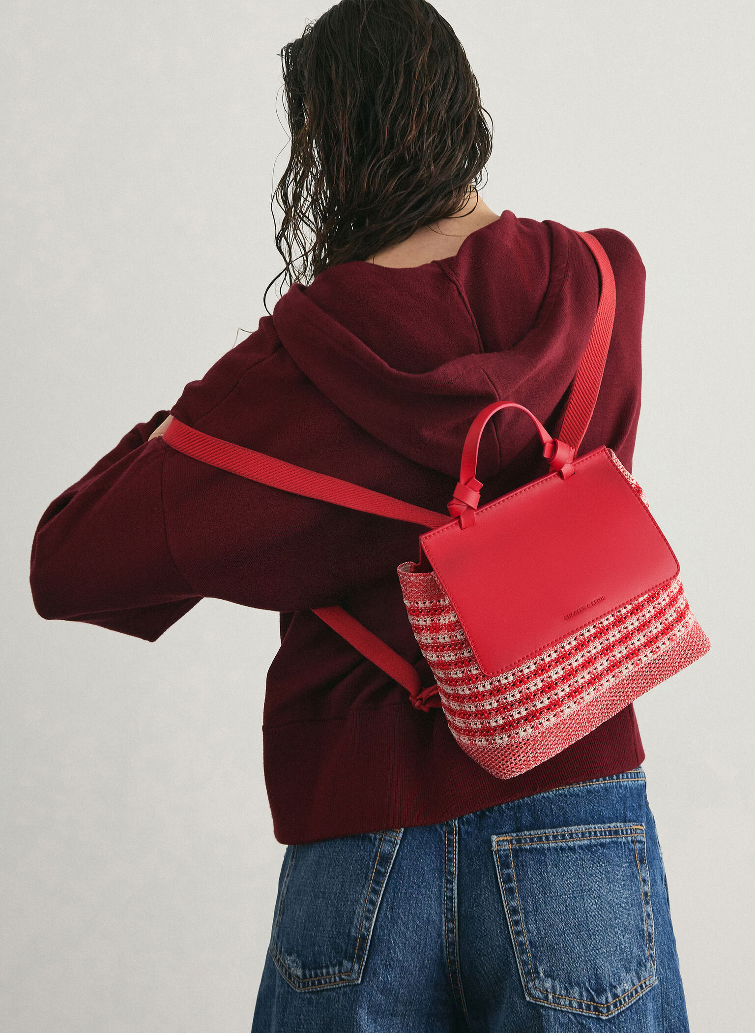 Girls' Ida Knitted Gingham Backpack, Gingham Red, hi-res