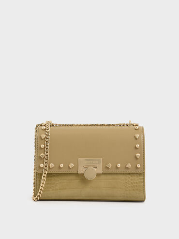 Croc-Effect Embellished Clutch, Sand, hi-res