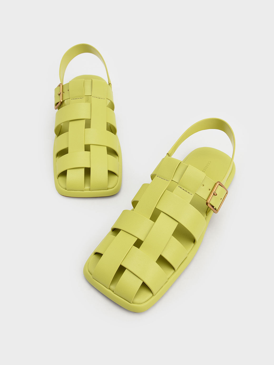 Metallic Buckle Caged Slingback Sandals, Lime, hi-res