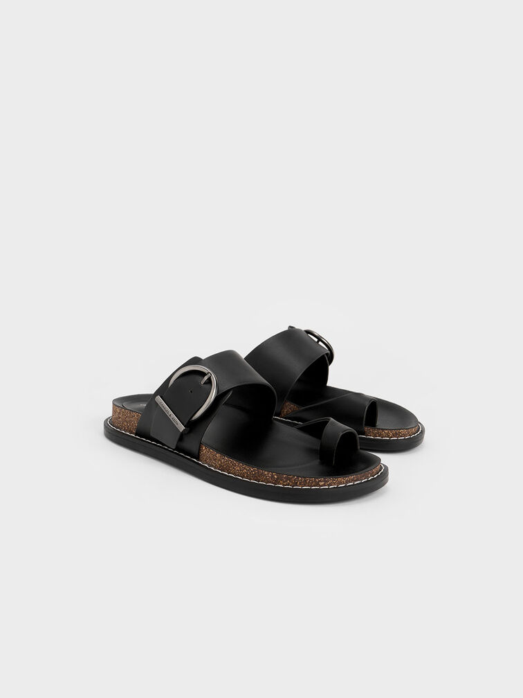 Metallic Buckle Toe-Ring Sandals, Black, hi-res
