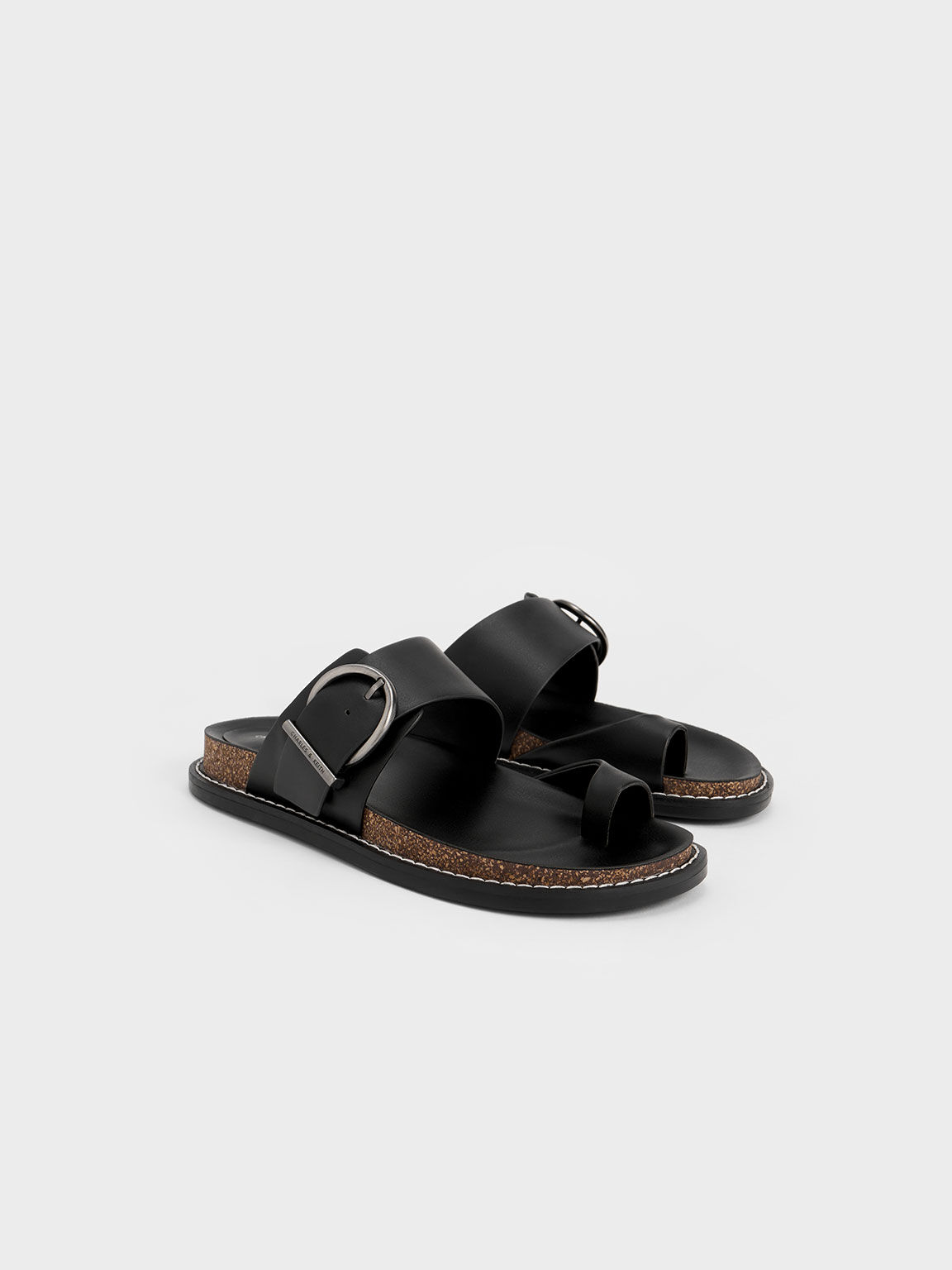 Metallic Buckle Toe-Ring Sandals, Black, hi-res