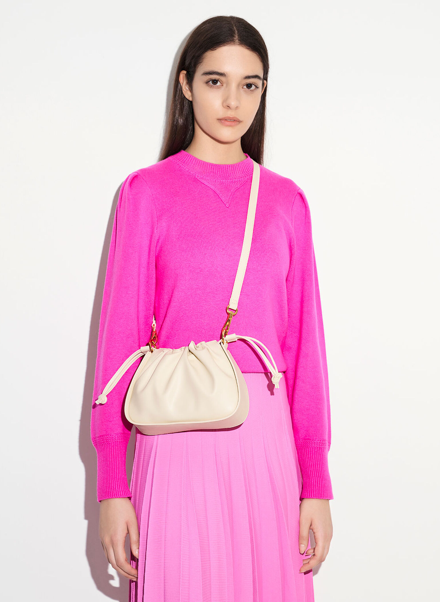 Ruched Chain Handle Drawstring Bag, Chalk, hi-res