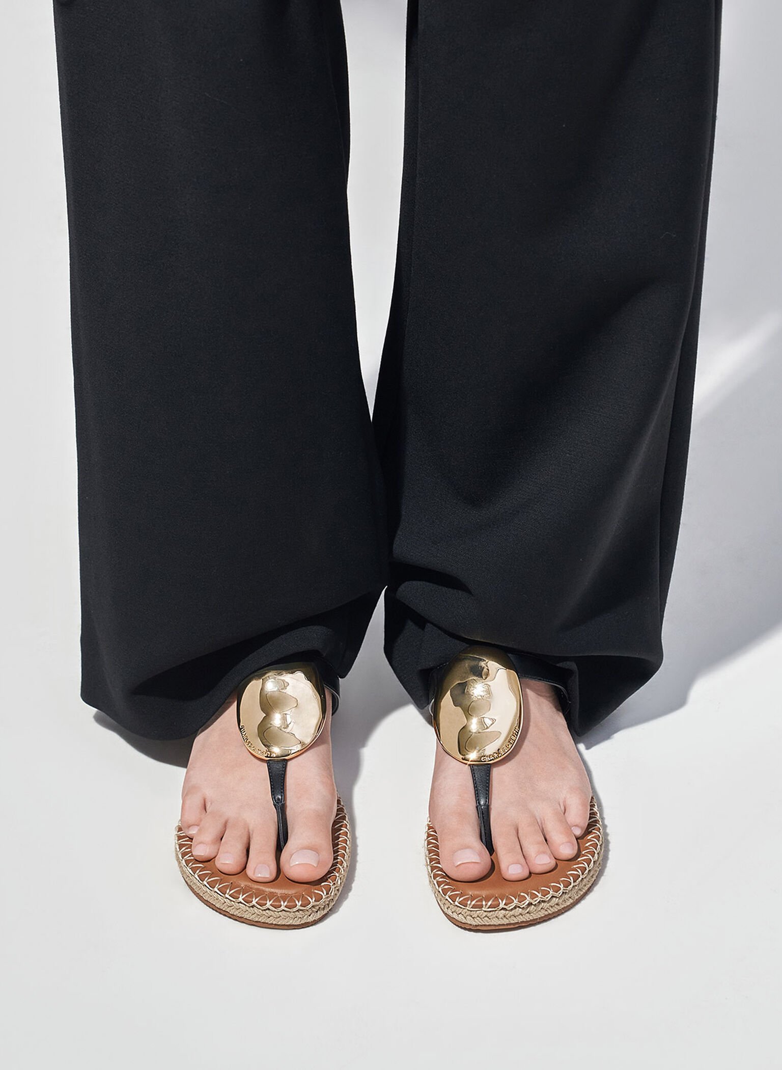 Metallic Oval Espadrille Sandals, Black, hi-res