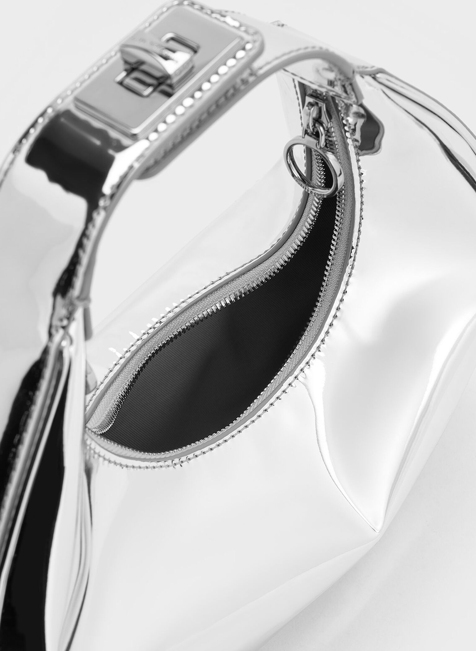 Metallic Crescent Hobo Bag, Silver, hi-res