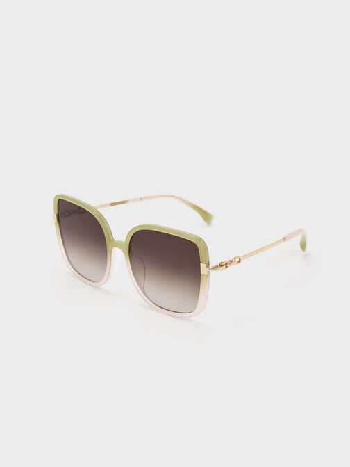 Oversized Square Chain-Link Sunglasses, Green, hi-res