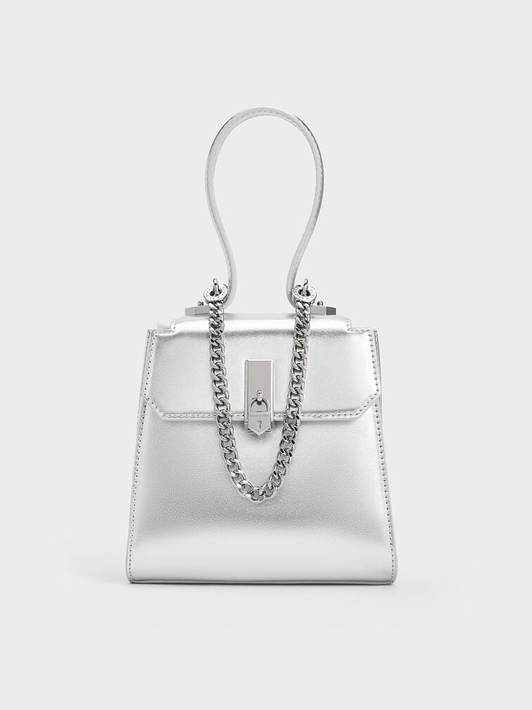 Locket Metallic Chain-Link Trapeze Bag, Silver, hi-res