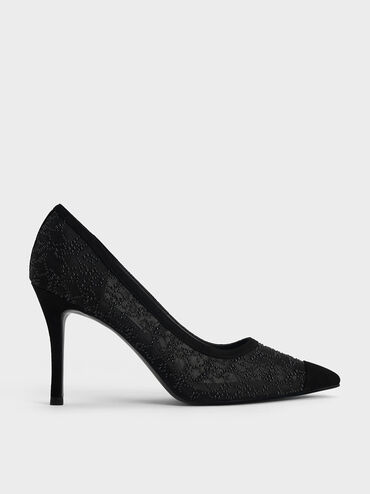 Bead-Embellished Mesh Pumps, Black, hi-res