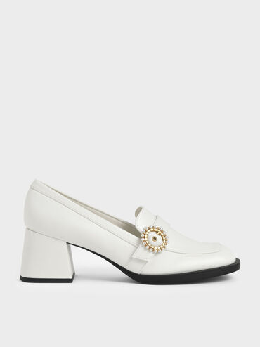 Beaded Accent Loafer Pumps, White, hi-res