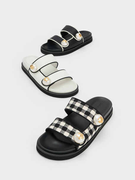 Pearl Embellished Contrast-Trim Slides, Black, hi-res