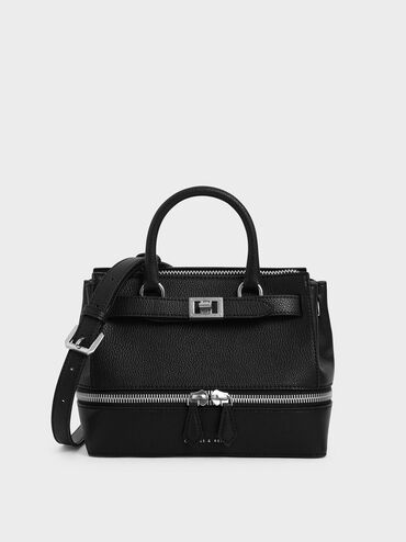 Two-Way Zip Structured Bag, Black, hi-res