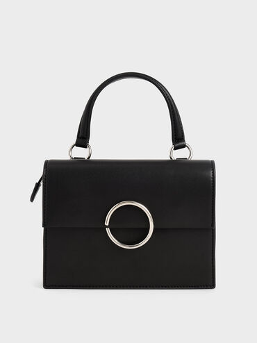 Ring Detail Top Handle Bag, Black, hi-res