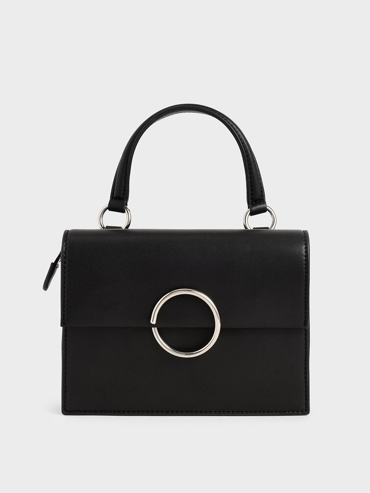 Ring Detail Top Handle Bag, Black, hi-res