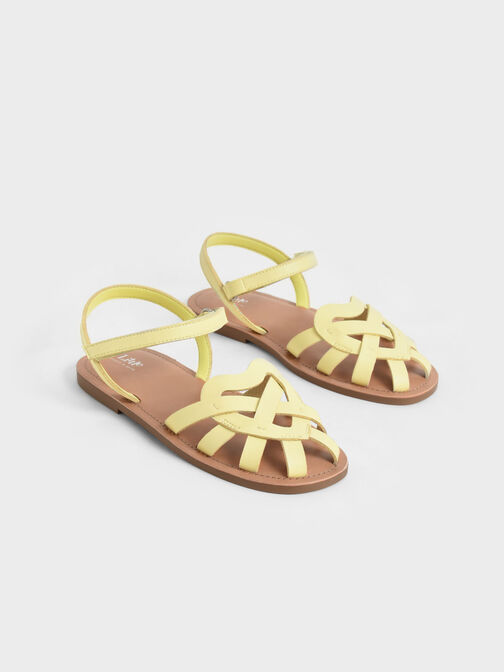 Girls' Caged Ankle-Strap Sandals, Yellow, hi-res