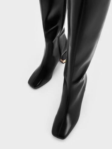Metallic Accent Block Heel Knee-High Boots, Black, hi-res