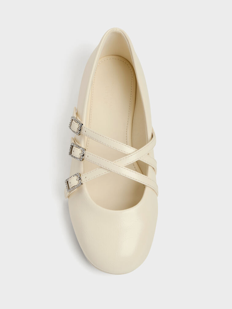 Girls' Triple-Strap Mary Jane Flats, Chalk, hi-res