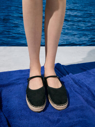 Faux Suede Slip-On Mary Jane Espadrilles, Black Textured, hi-res
