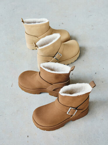 Bergen Textured Fur-Trim Ridged-Sole Platform Ankle Boots, Sand, hi-res