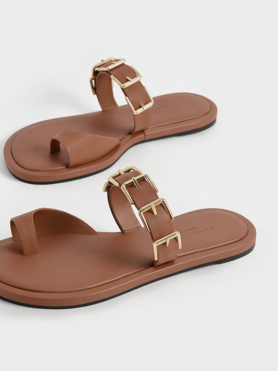 Buckled Leather Toe-Ring Sandals, Brown, hi-res
