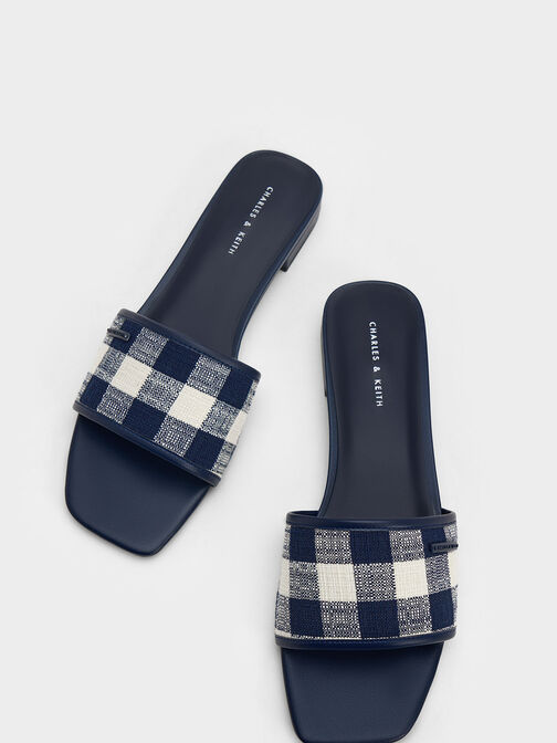 Woven Gingham Flat Sandals, Dark Blue, hi-res