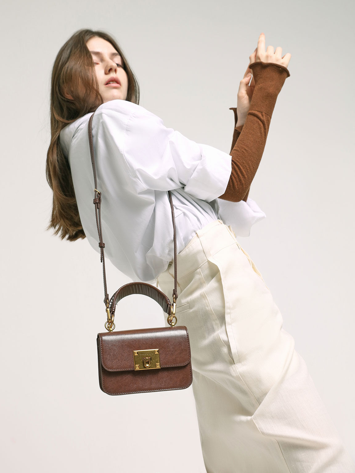 Metallic Turn-Lock Bag, Chocolate, hi-res