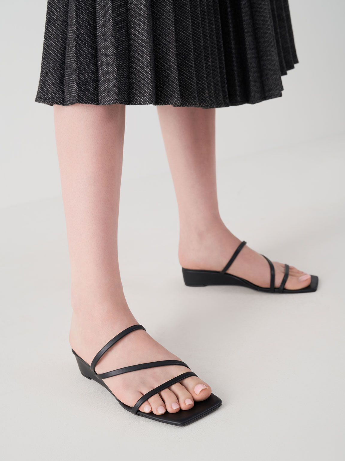 Black Strappy Wedge Mules - CHARLES & KEITH US