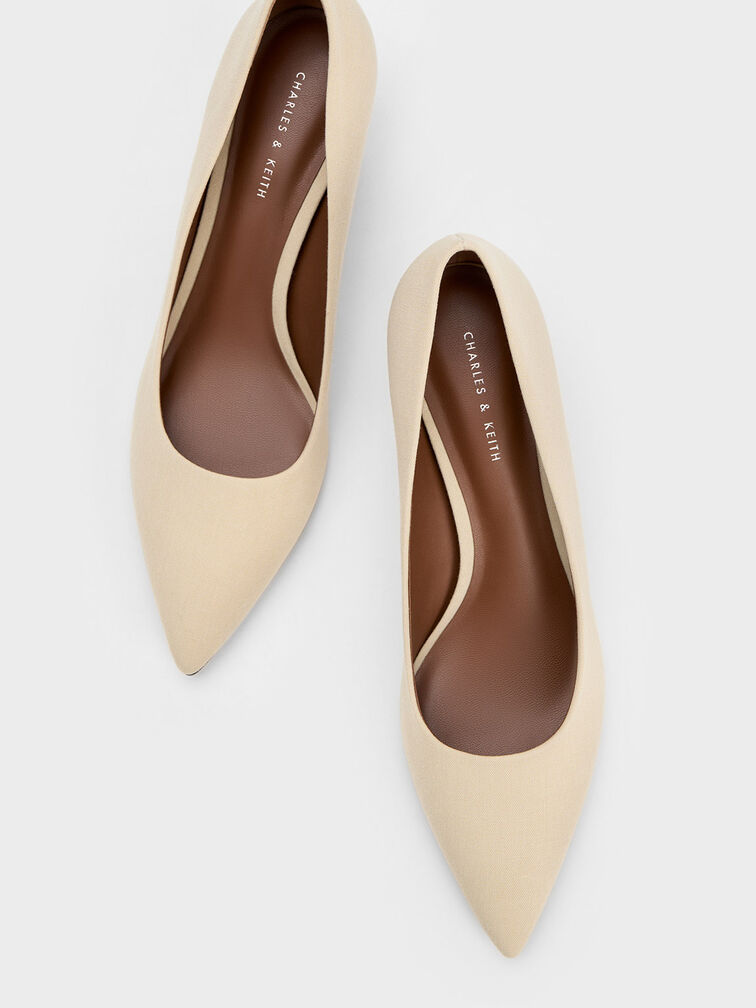 Bamboo Heel Pointed-Toe Pumps, Beige, hi-res