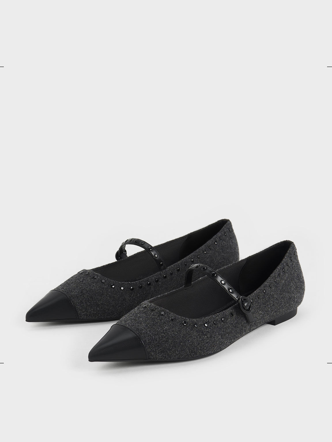 Textured Studded Pointed Toe Mary Jane Flats Grey